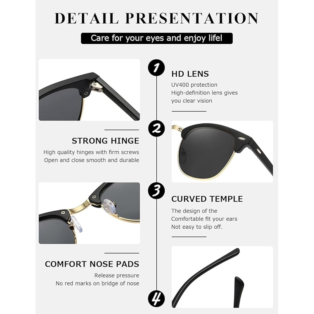 Polarized Sunglasses For Women And Men Semi Rimless Frame Retro Sun Glasses